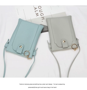 Détails de sacs de téléphone bleu clair et gris en cuir PU avec boutons-pression en métal