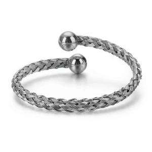 Bracelet jonc en acier inoxydable tressé avec extrémités sphériques polies en argent