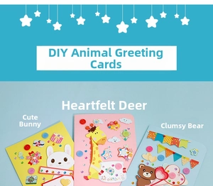 DIY kids greeting card set with cute button animals like rabbits bears and giraffes