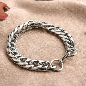 Detail of silver 316L stainless steel double weave chain with lobster clasp and ring