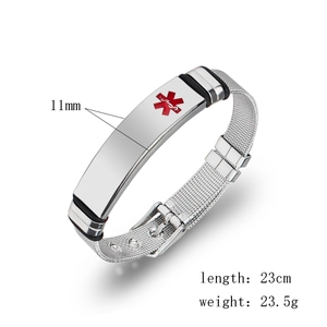 Men's silver stainless steel medical alert mesh bracelet with red cross logo and measurements