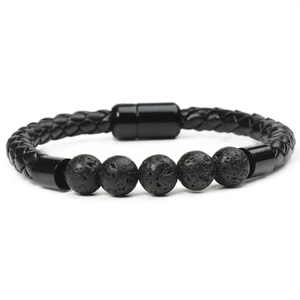 Men's minimalist black lava stone beaded bracelet with braided leather and magnetic clasp