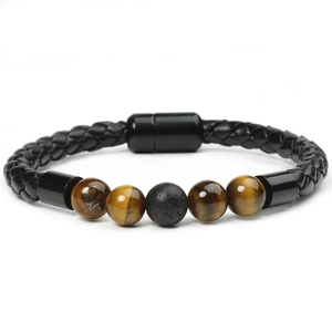 Detail of woven leather bracelet with tiger eye beads and matte lava stone magnetic clasp