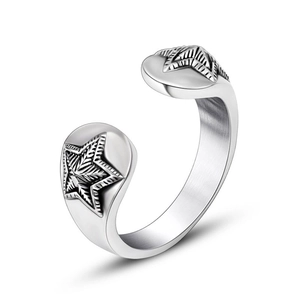 Vintage matte silver open ring with 3D star embossing in durable titanium steel