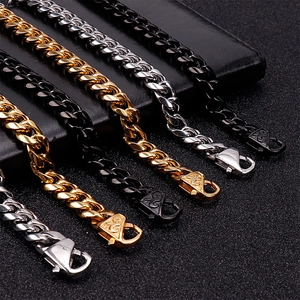 Hip-hop gold, silver, and black cuban link bracelets with lobster clasps on black leather