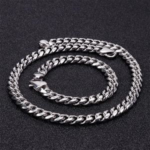 Silver Cuban link necklace and bracelet set for men on a black textured background
