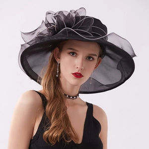 Vintage Organza Flower Fascinator Sun Hat For Women Large Brim Foldable Mesh Tea Party Wedding Church Summer Dress Hat