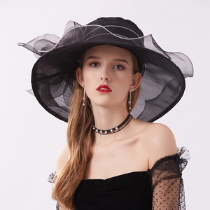 Elegant black organza sun hat with wide wavy brim for women vintage summer style