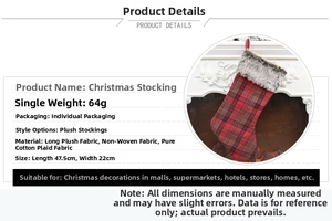 Detailed specs of plaid Christmas stocking with dimensions 47.5x22cm and plush cuff