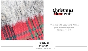 Detail of Christmas stocking with red-green plaid fabric and fluffy grey faux fur trim