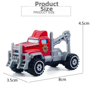 Detail showing an 8cm red toy fire rescue truck with dimensions and rescue emblem