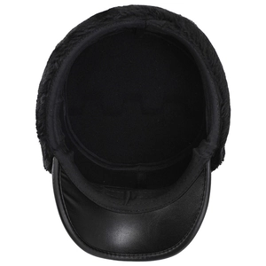 Winter thermal trapper hat with black faux leather brim and thick warm faux fur lining