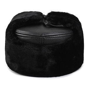 Winter thermal trapper hat in black PU leather with faux fur lining for men outdoor wear