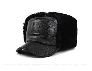 Close-up of winter aviator hat featuring black pebble leather and warm plush lining