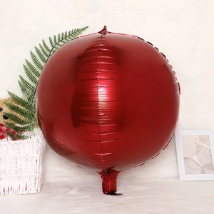 Detailed view of a metallic red 4D round aluminum foil balloon with glossy finish