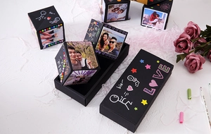 Macro detail of DIY creative explosion gift box featuring photo slots and hand-drawn patterns