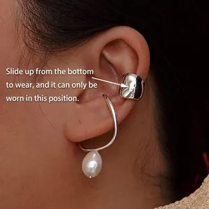 Polished silver ear cuff set with white pearl drop earring for women without piercings
