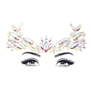 Close-up of iridescent AB resin facial gems with positioning guide for party makeup