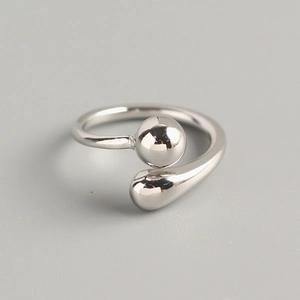 Minimalist S925 sterling silver open ring featuring spherical and teardrop bead ends