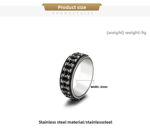 Dettaglio anello a catena in acciaio inox da 8mm con indicazione peso 9g e misure