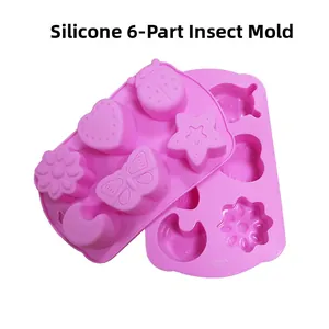 Detailed pink silicone mold with 6 cavities featuring butterfly and ladybug shapes