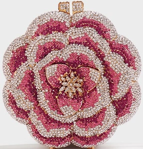 Front view of rose floral evening clutch with pink and silver rhinestone crystals
