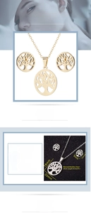 Vue macro du pendentif Arbre de Vie et boucles d'oreilles en acier avec dimensions