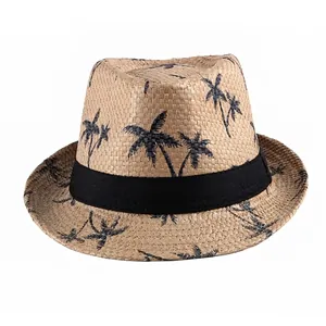 Unisex straw fedora hat with black coconut tree prints and ribbon for summer beach vacation
