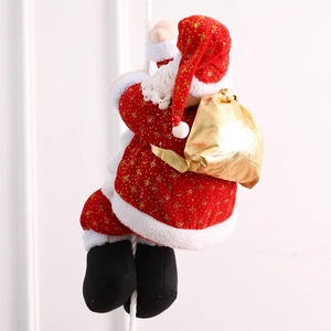 Hanging Santa Claus figurine climbing a white rope with festive gold glitter red suit