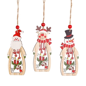 Wooden Christmas hanging ornaments featuring Santa, reindeer, and snowman cutout designs