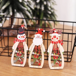 Christmas Wooden Hanging Ornaments Hollow Santa Claus Snowman Reindeer Pendant Holiday Tree Decor