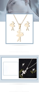 Detail of ballet dancer jewelry set in gold and silver finish with dimension specs