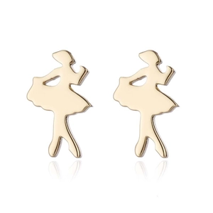 Close-up of golden ballerina stud earrings with polished finish and elegant dancer pose