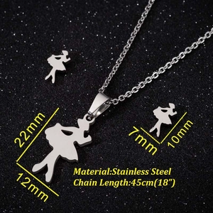 Silver stainless steel ballerina pendant necklace and earrings jewelry set with dimensions