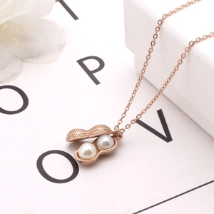 Rose gold titanium steel necklace featuring a unique peanut shell pendant with two pearls