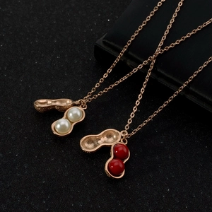 Peanut pendant titanium steel necklaces with pearl and red bead in rose gold finish