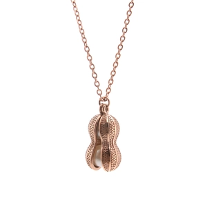 Minimalist peanut pendant necklace in rose gold finish with white pearls on a white backdrop