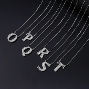 Silver diamond-encrusted O to T alphabet pendant necklaces with classic chain