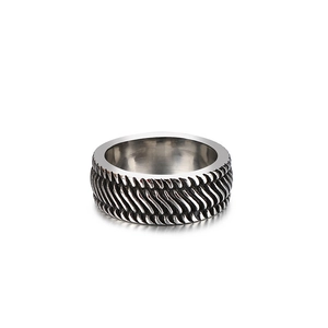 Men's wide stainless steel bike tire tread ring in vintage silver and black finish