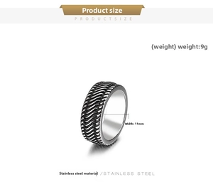 Macro detail of 11mm wide stainless steel motorcycle wheel texture ring in vintage silver