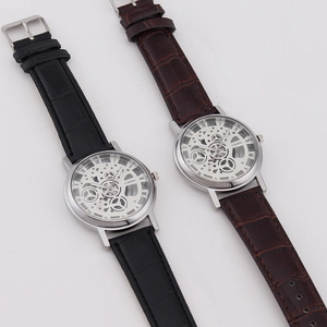 Elegant men's skeleton dial quartz watch featuring premium black and brown leather straps