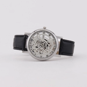 Classic men's quartz watch featuring skeleton dial and black crocodile leather strap