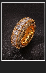 Detailed close-up of hip-hop gold ring featuring sparkling square-cut cubic zirconia stones