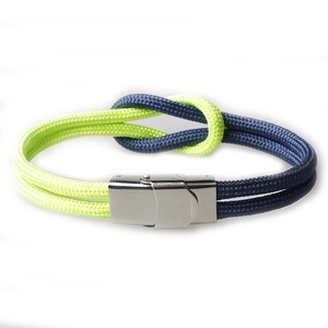 Blue and neon yellow paracord bracelet with stainless steel clasp and nautical knot