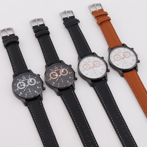 Fashionable Geneva quartz men watches with three-eye dial and stylish leather straps