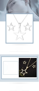Detailed view of hollow star necklace and earrings set in polished stainless steel finish