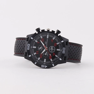 Sport quartz watch with black silicone strap, red stitching, and triple sub-dials