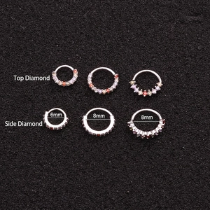Piercings de nez en acier chirurgical avec zircons colorés en 6mm et 8mm de diamètre