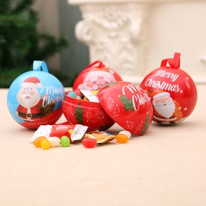 Christmas Ball Candy Box Tinplate Metal Hanging Ornaments Santa Claus Reindeer Print Xmas Tree Decor Gift Container With Ribbon