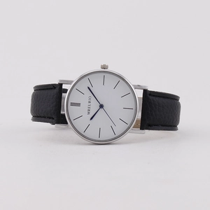 Minimalist men's watch with silver case, white dial, blue hands and black leather strap